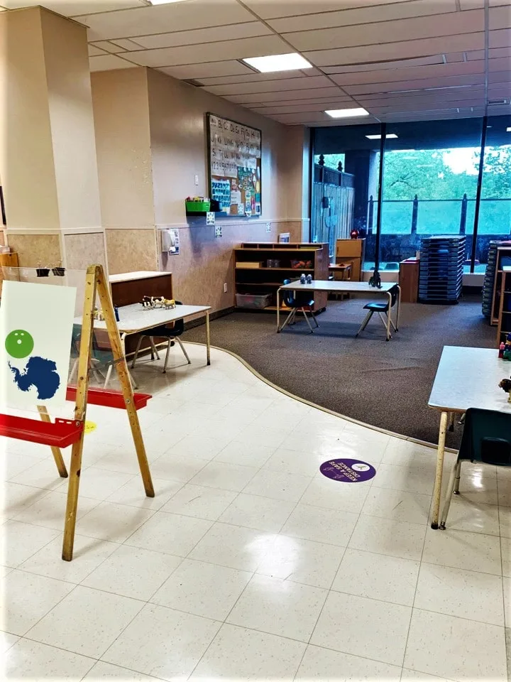 Preschool room with art easel tables and chairs