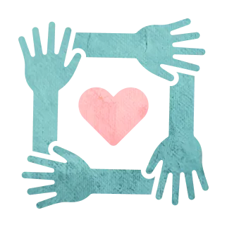 Four hands making a square shape around a heart