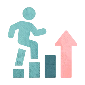 A person climbs steps and an arrow pointing up